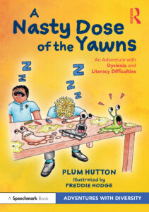A Yellow book cover with two boys sleeping at a table with 3 surprised slugs